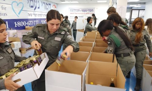 Emballage de colis alimentaires par les soldats de la police des frontières